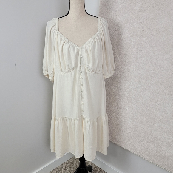New American Eagle Women's Sz XXL Beige Linen Puffy Sleeve Milkmaid Mini Dress - Picture 2 of 12